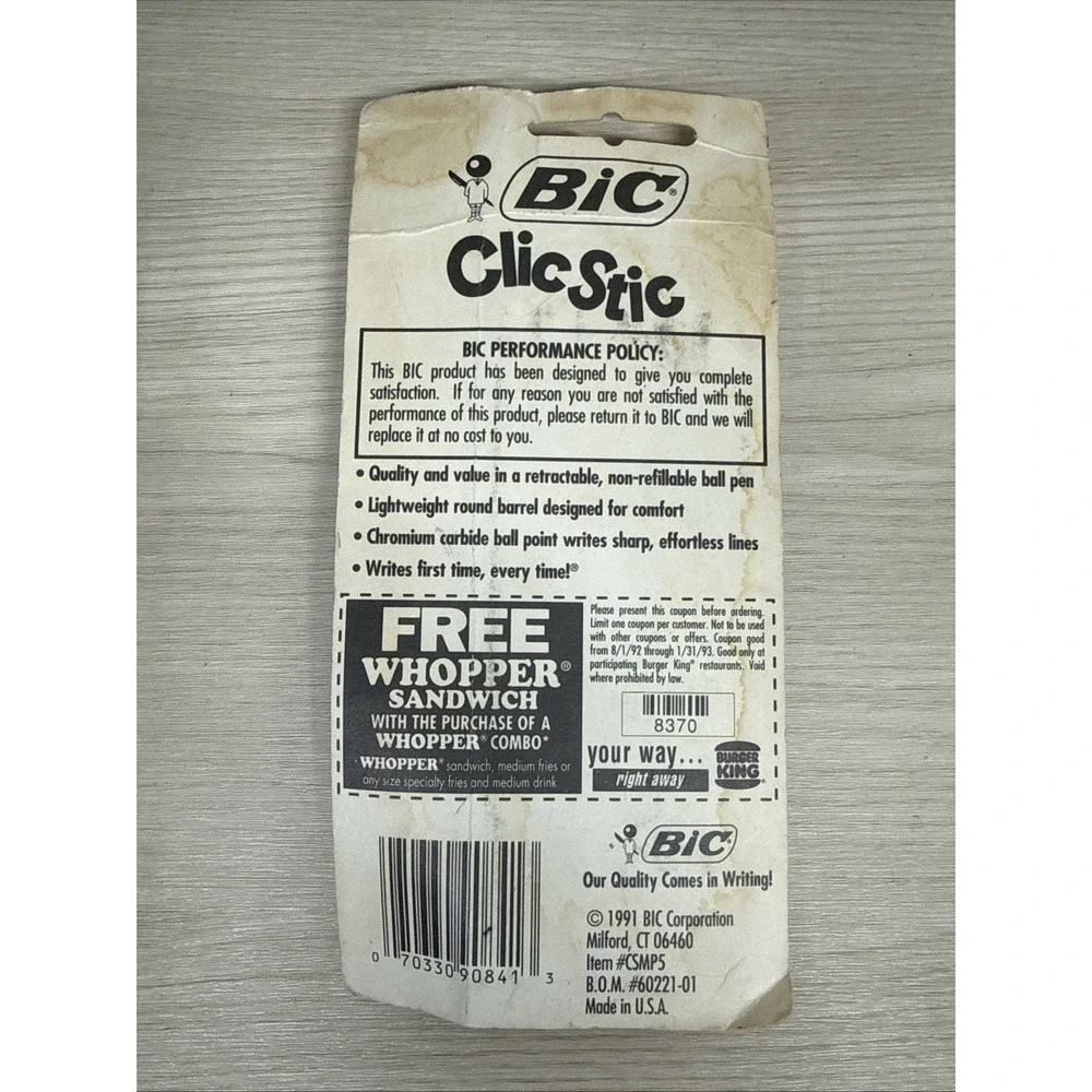 Vintage 1991 Bic Clic Stic 5 Pack Pens, Blue Ink, Neon Bodies, Medium Point